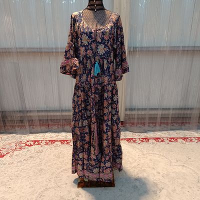 S/M Gaby Silk Multi Printed Dress 57&quot; Long Jalabiya