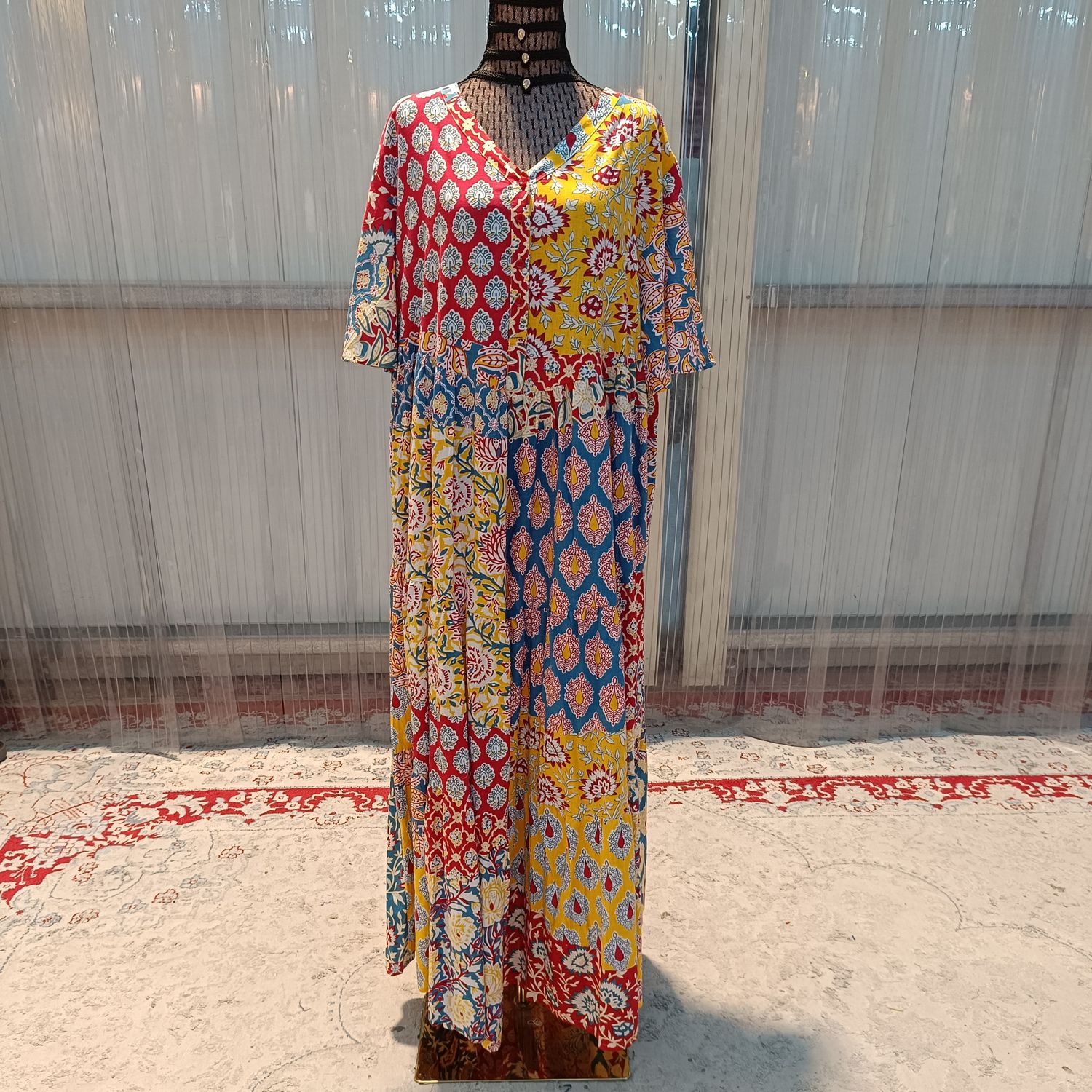 2XL/3XL Zaib Multi Printed Cotton Dress 57&quot; Short Sleeves Jalabiya