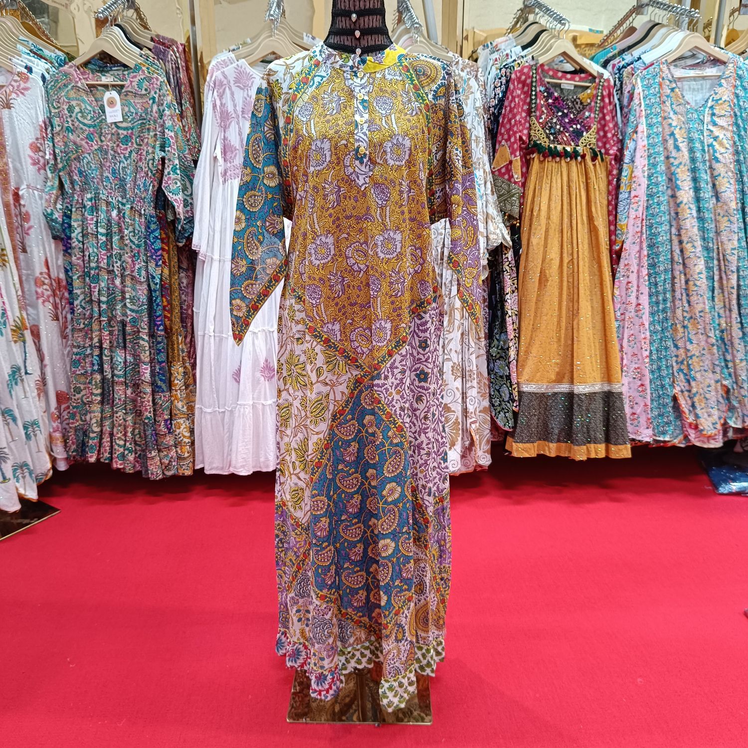 S/M Takisha Multi Printed Cotton Dress 56&quot; Long Jalabiya