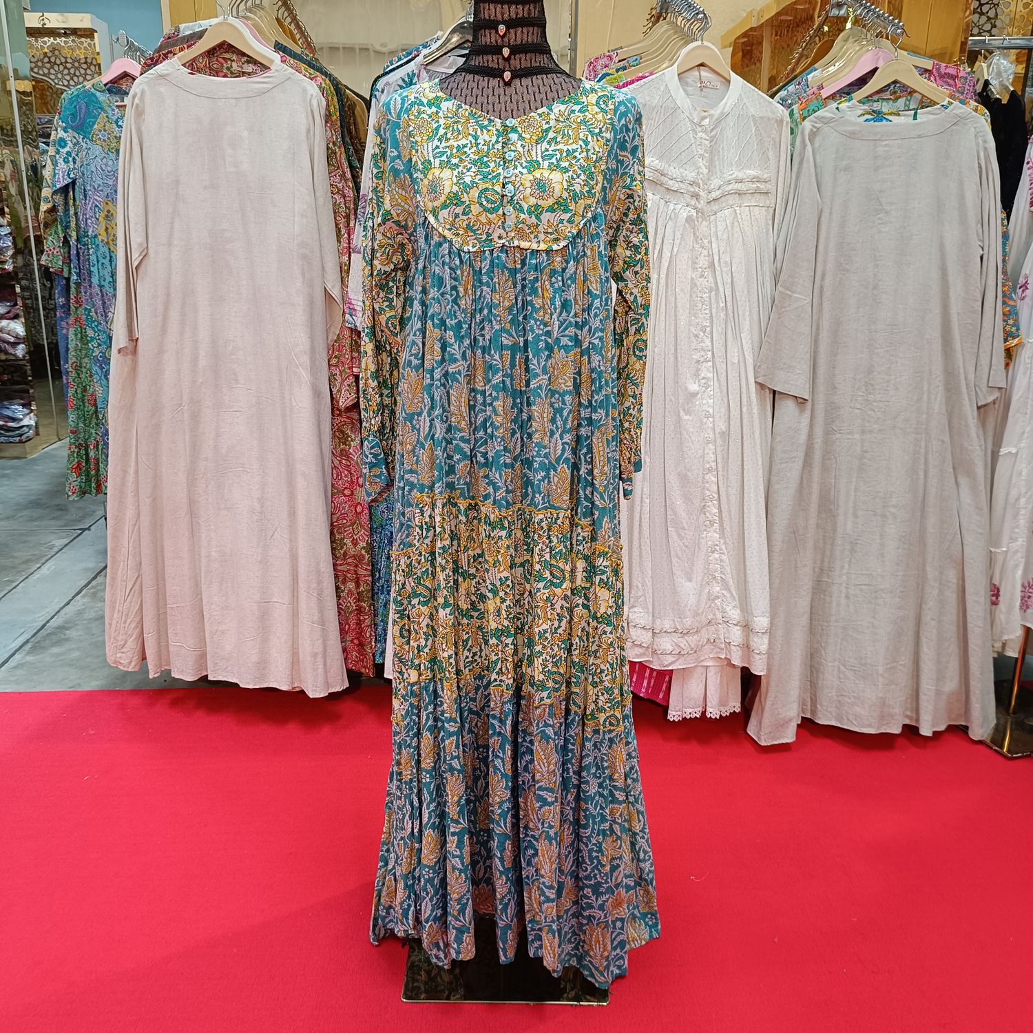 L/XL Emna Printed Cotton Dress 57&quot;Long Sleeves Jalabiya