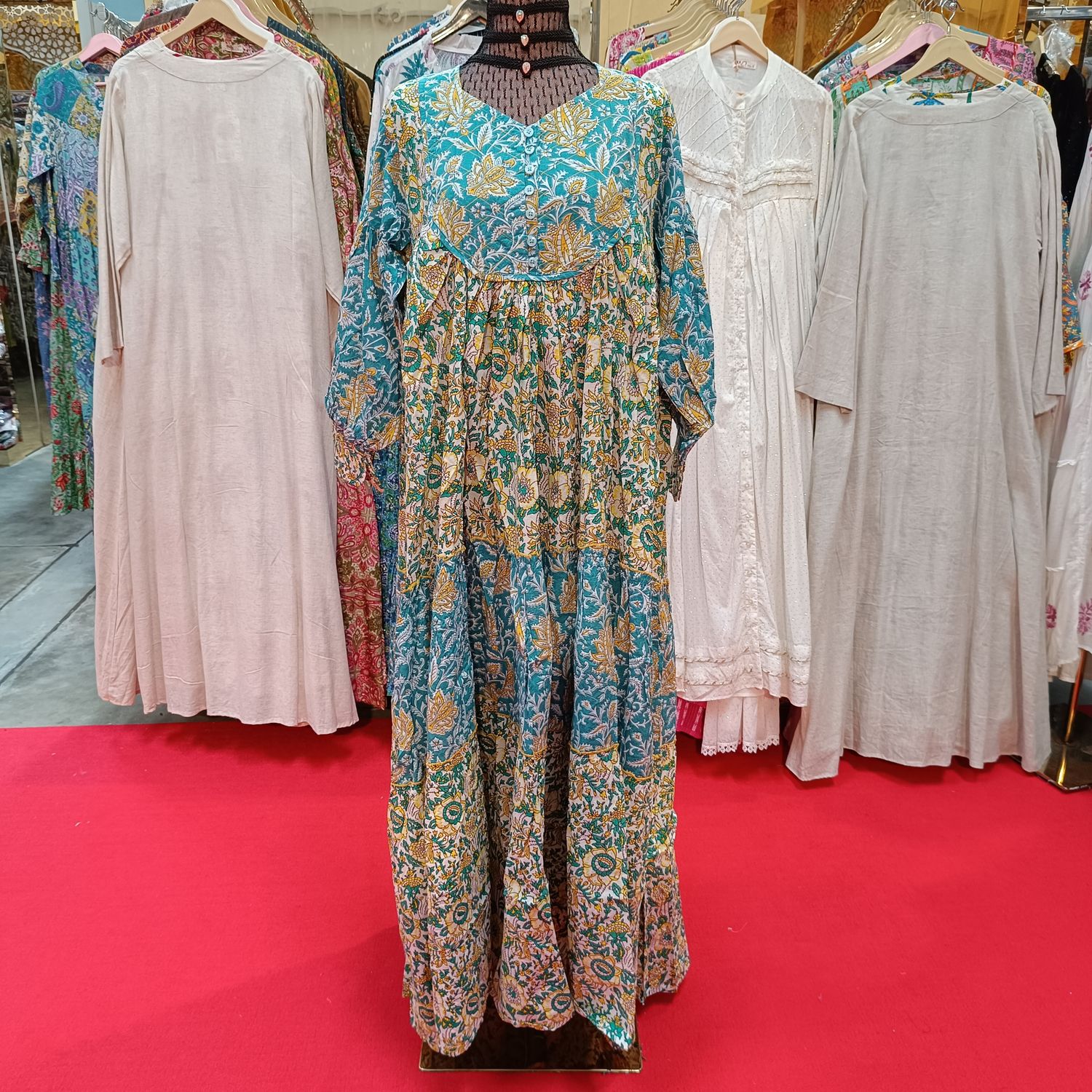 L/XL Emna Printed Cotton Dress 57&quot;Long Sleeves Jalabiya
