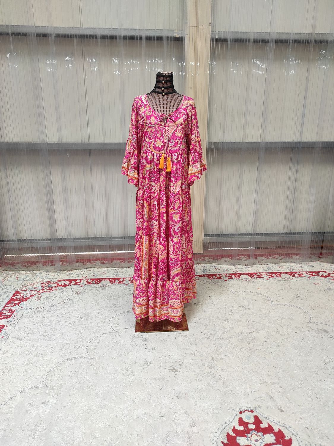 S/M Gaby Silk Multi Printed Dress 57&quot; Long Jalabiya