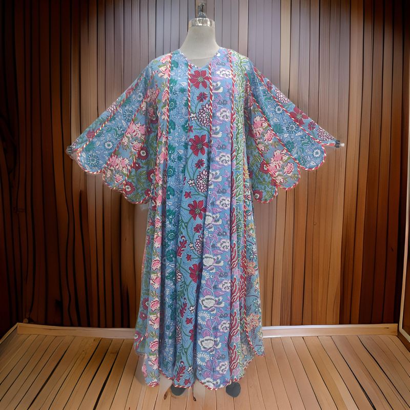 2XL-3XL Meher Blue Multi Printed Cotton Dress 57&quot; Long Jalabiya