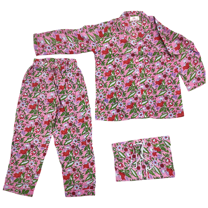 6-7 Year Full Sleeves Full Collar Neck Cotton Pink Pajamas Set