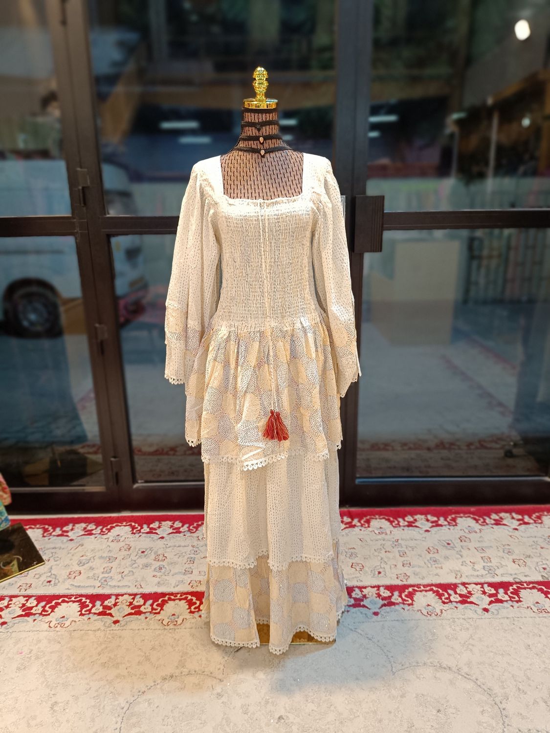 L/XL  Crystal Rahima White Printed Cotton  Dress 57&quot; Long Jalabiya
