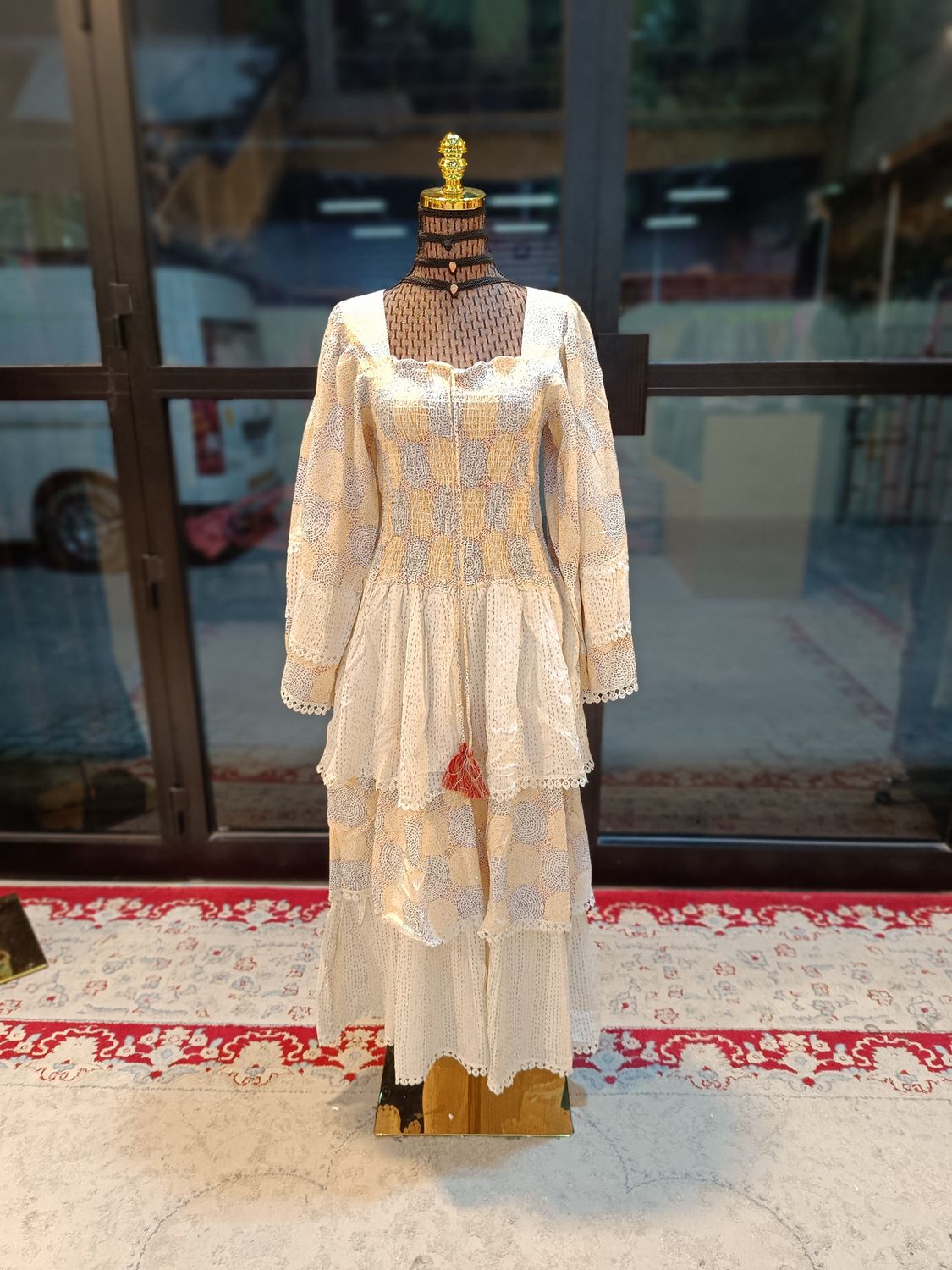 S/M   Crystal Rahima White Printed Cotton  Dress 57&quot; Long Jalabiya