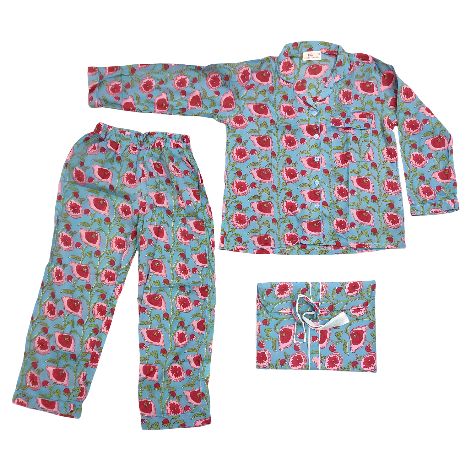 2-3 Year Full Sleeves Full Collar Neck Cotton Teal Pajamas Set