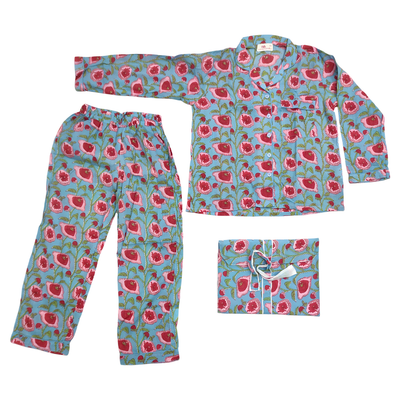 12-13 Year Full Sleeves Full Collar Neck Cotton Teal Pajamas Set