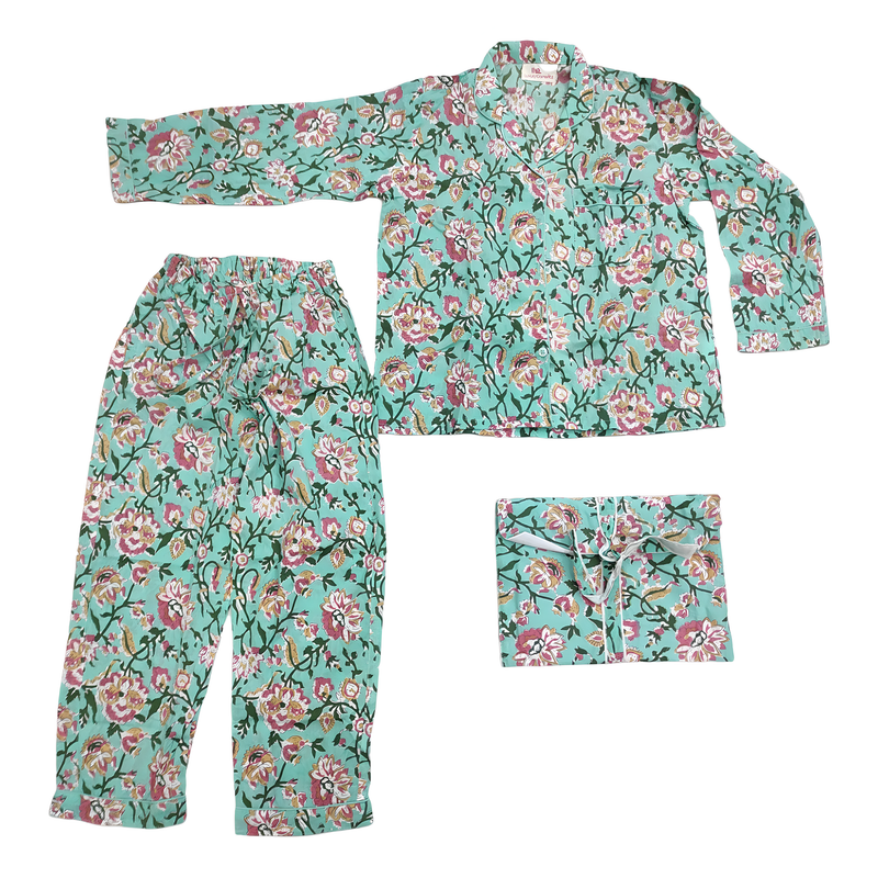 1-2 Year Full Sleeves Full Collar Neck Cotton Turquoise Pajamas Set