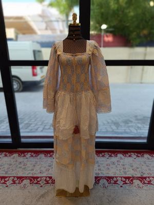 XS/S Rahima White Printed Cotton Dress 54&quot; Long Jalabiya
