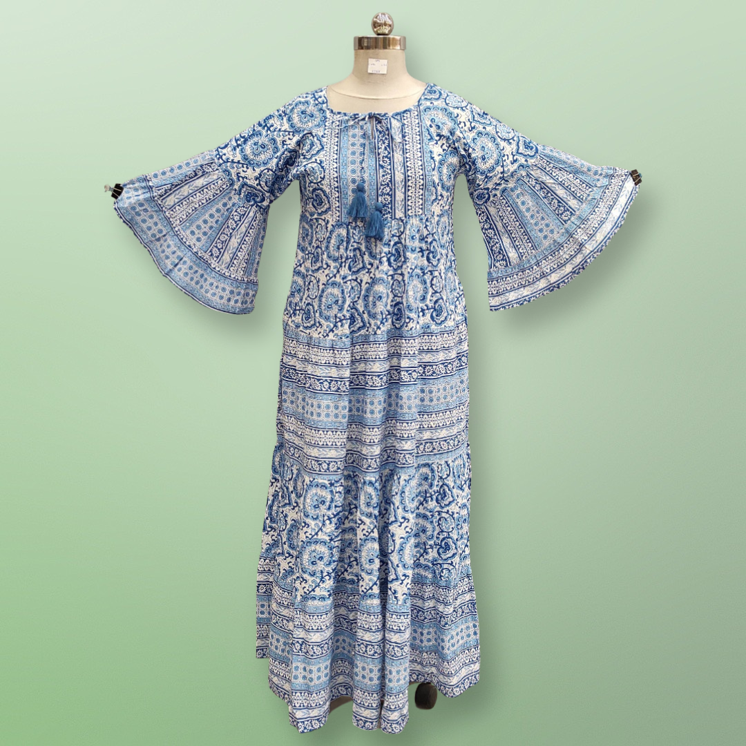 S/M Gaby Blue Printed Cotton Dress 57&quot; Long Jalabiya