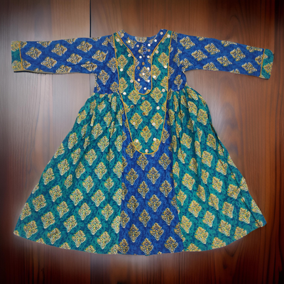 1-2 Year Suf Blue Printed Cotton Girls Dress 26&#39;&#39; Long Jalabiya