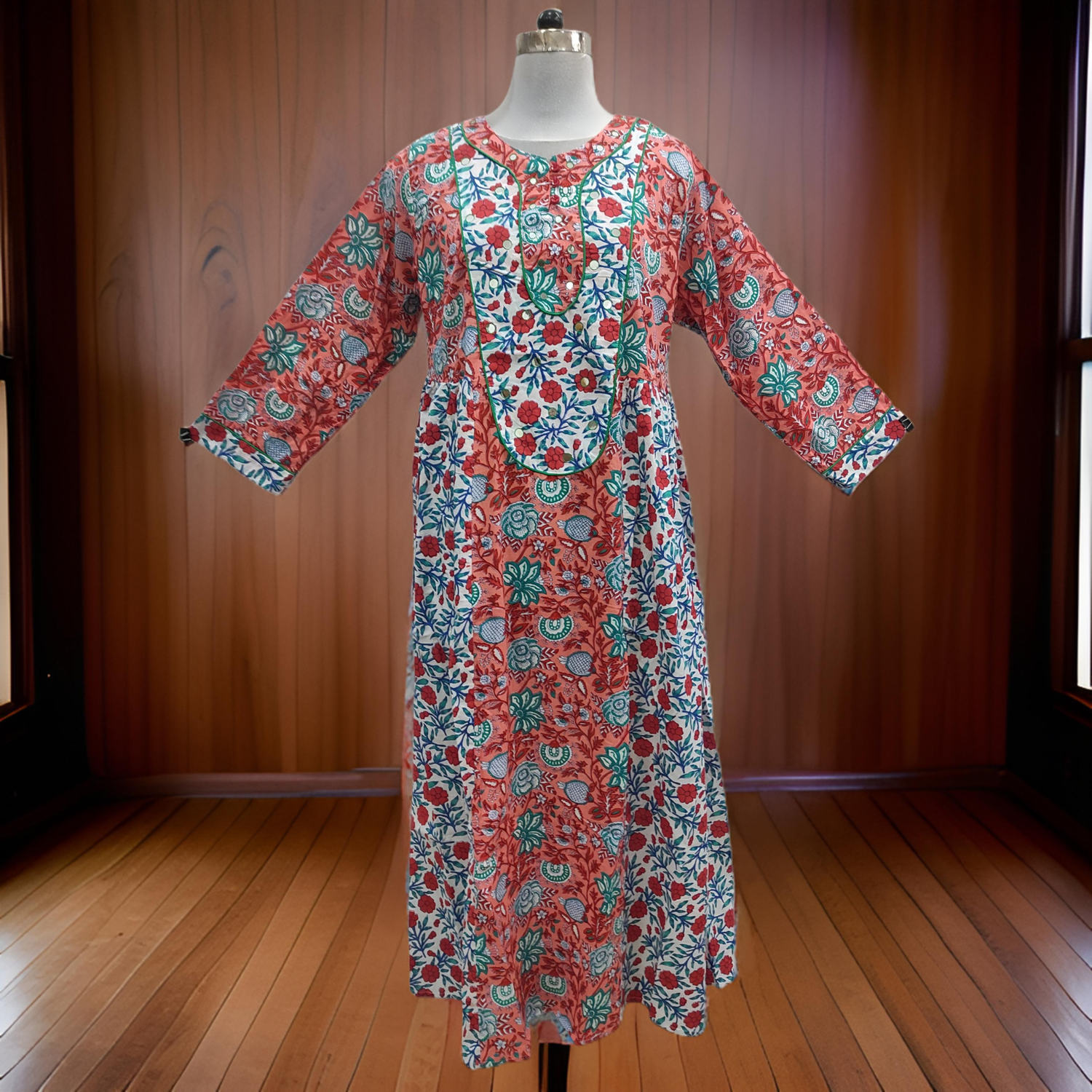 12-13 Year Orange Printed Cotton Girls Dress 50&#39;&#39; Long Jalabiya