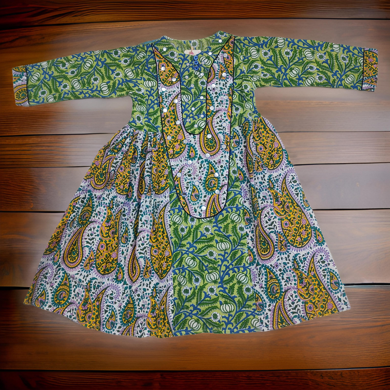 2-3 Year Suf Green Printed Cotton Girls Dress 30&#39;&#39; Long Jalabiya