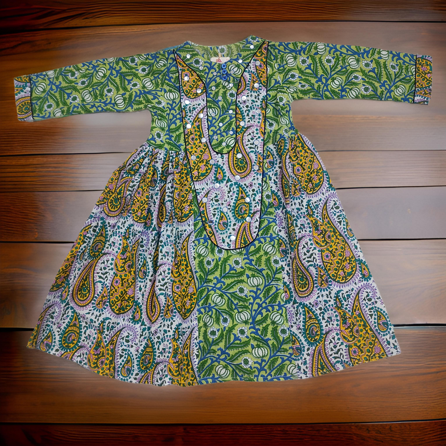 6-7 Year Green Printed Cotton Girls Dress 38&#39;&#39; Long Jalabiya