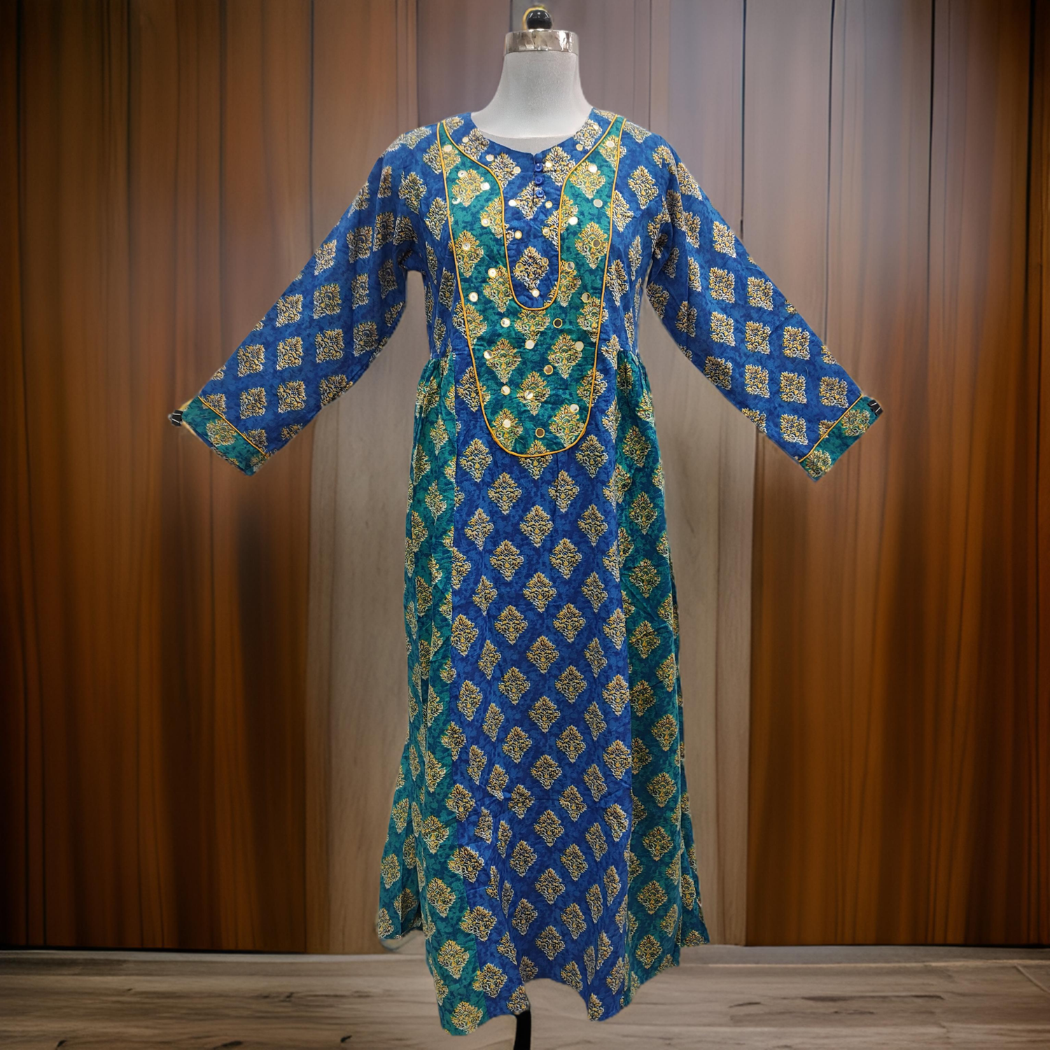 L/XL Blue Printed Cotton Girls Dress 57&#39;&#39; Long Jalabiya