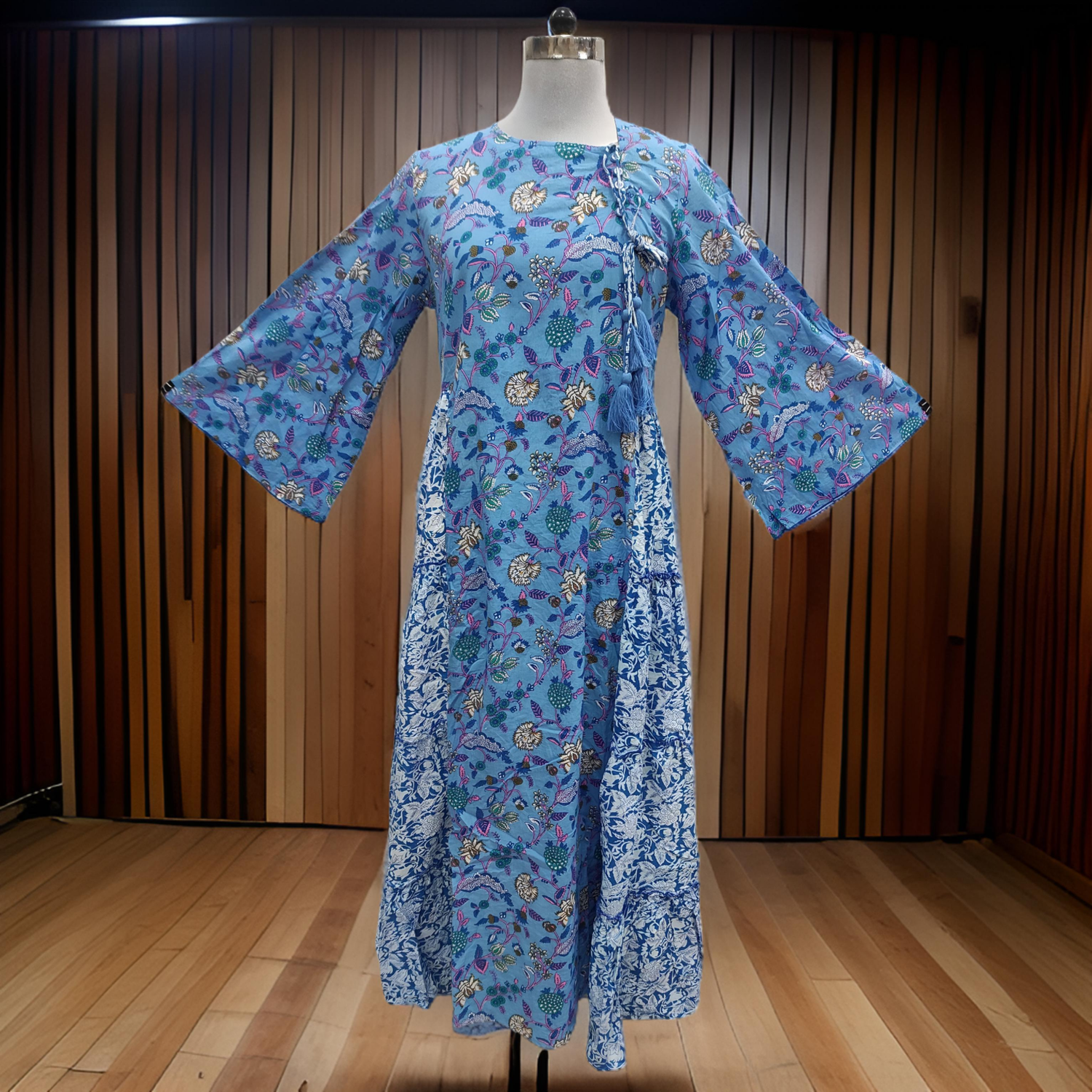 2XL/3XL Cindrella Blue and White Printed Cotton Dress 57&quot; Long Jalabiya