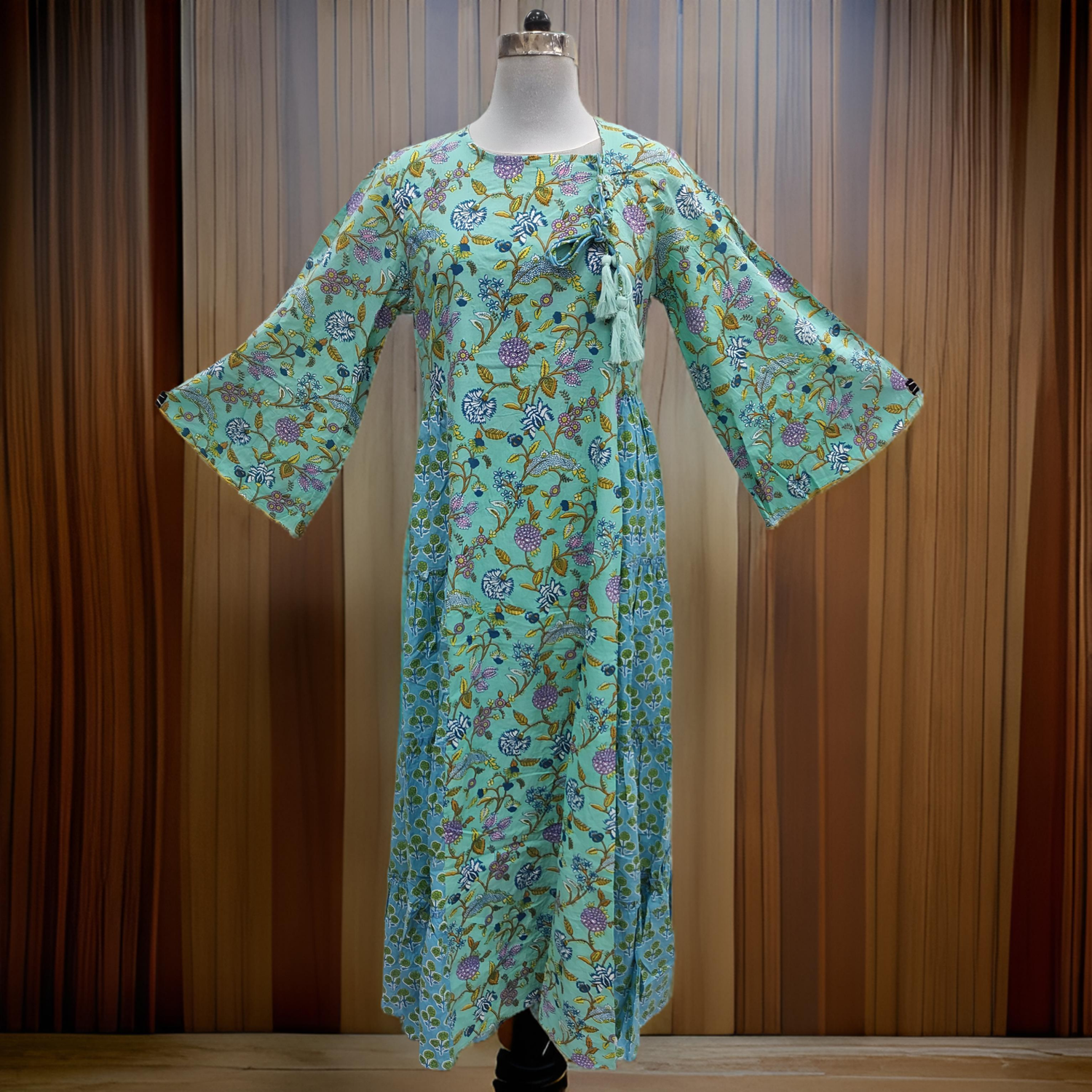 2XL/3XL Cindrella Green Printed Cotton Dress 57&quot; Long Jalabiya
