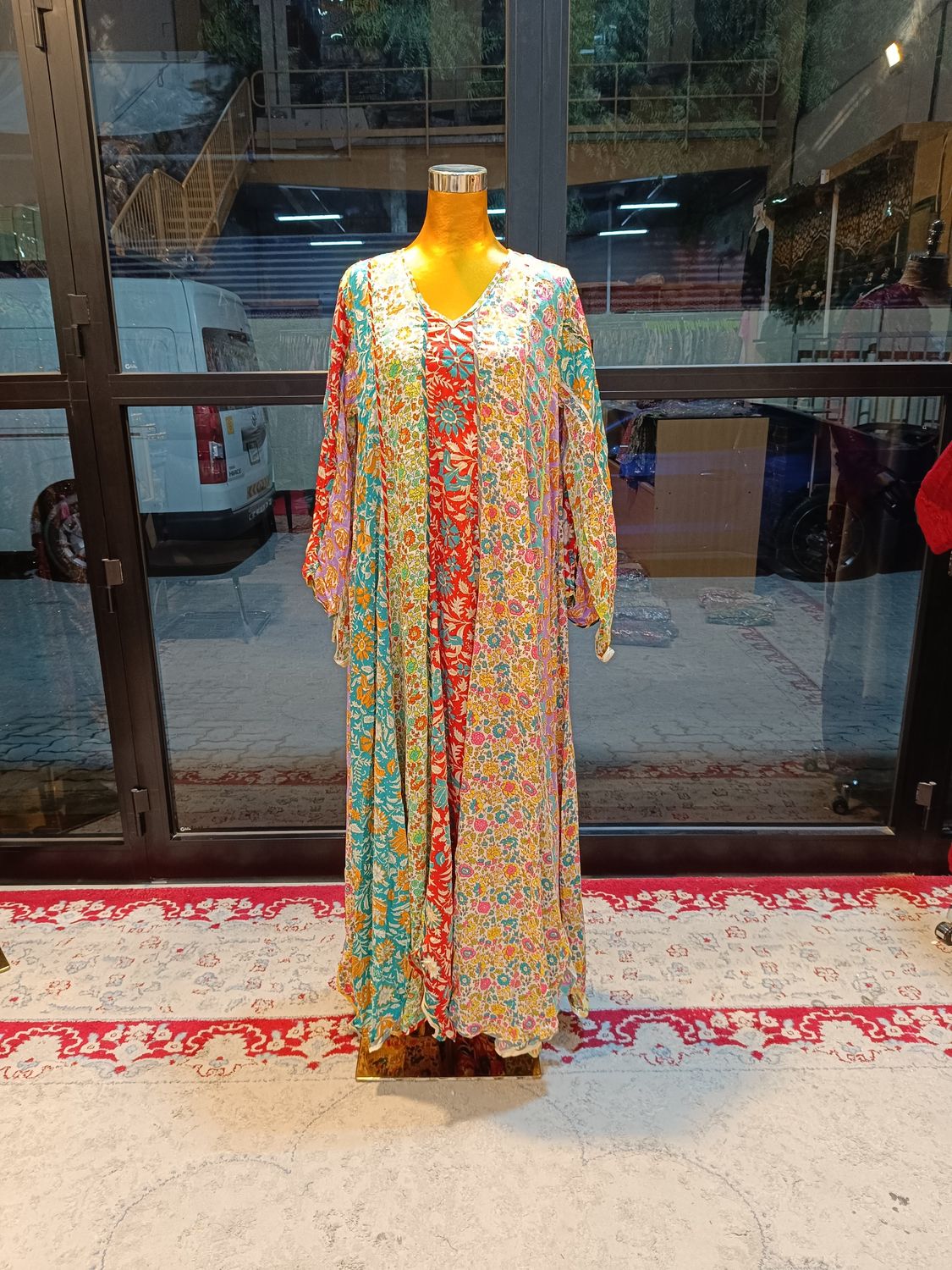S/M Meher Silk Crystal Multi Printed  Dress 57&quot; Long Jalabiya