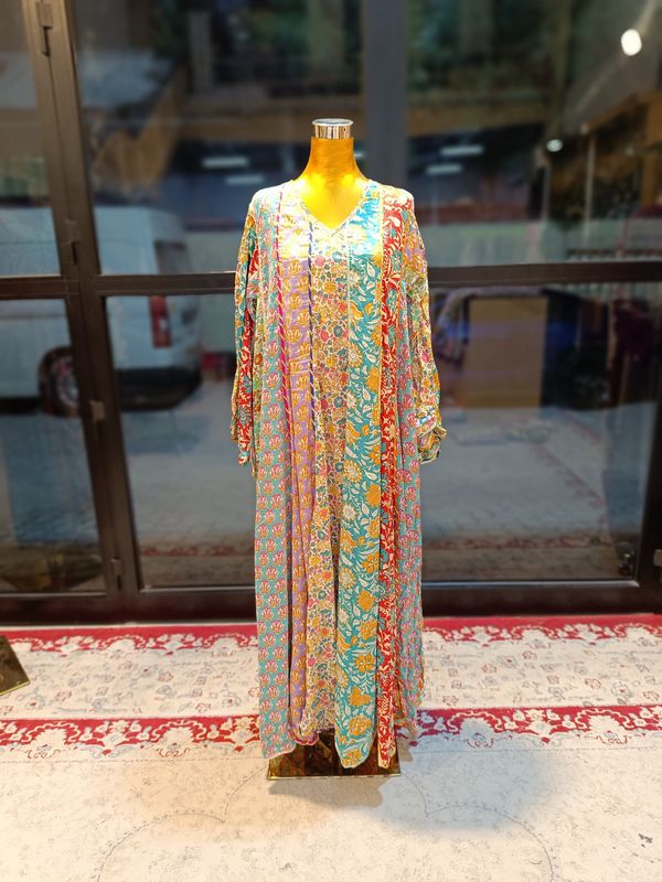 L/XL Meher Silk Crystal Multi Printed  Dress 57&quot; Long Jalabiya