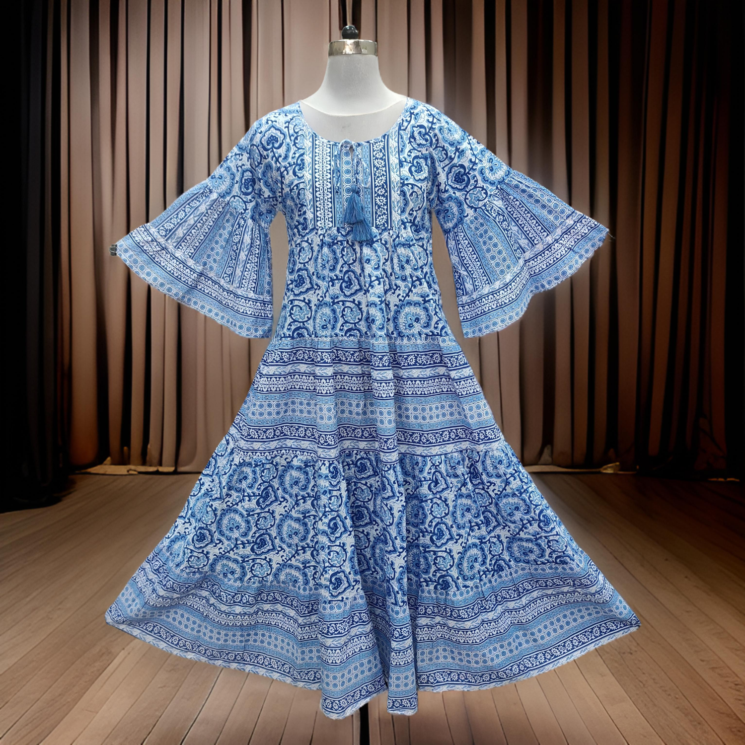 XS/S Gaby Blue Printed Cotton Dress 54&quot; Long Jalabiya