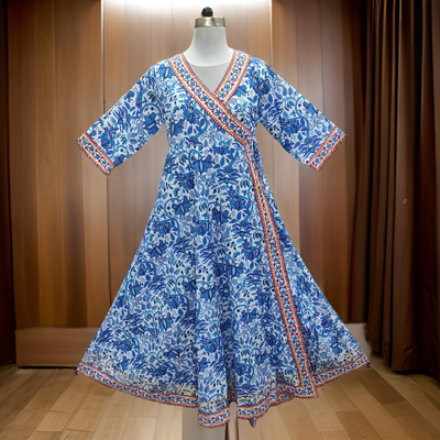 2XL/3XL Priam Blue Printed Cotton Dress 57&quot; Long Jalabiya