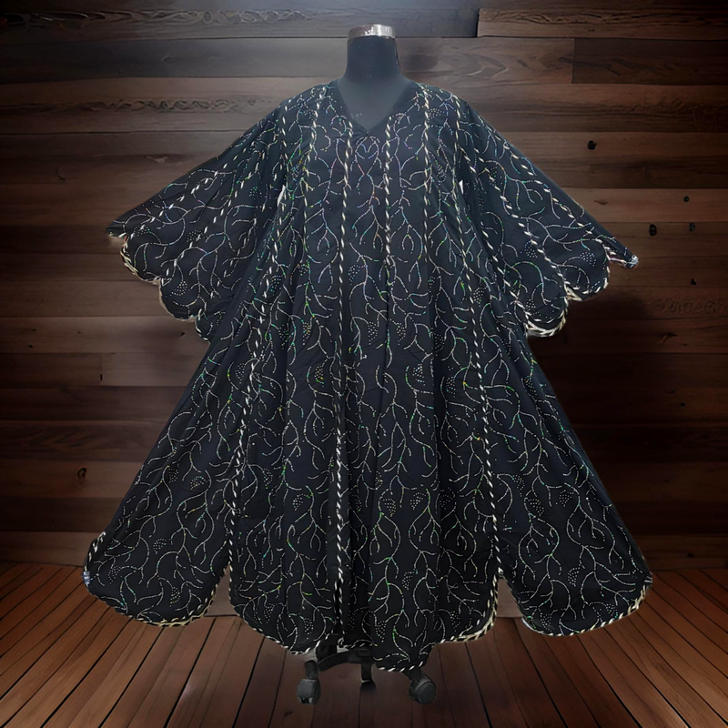 L/XL Meher Crystal Black Cotton Dress 57&quot; Long Jalabiya