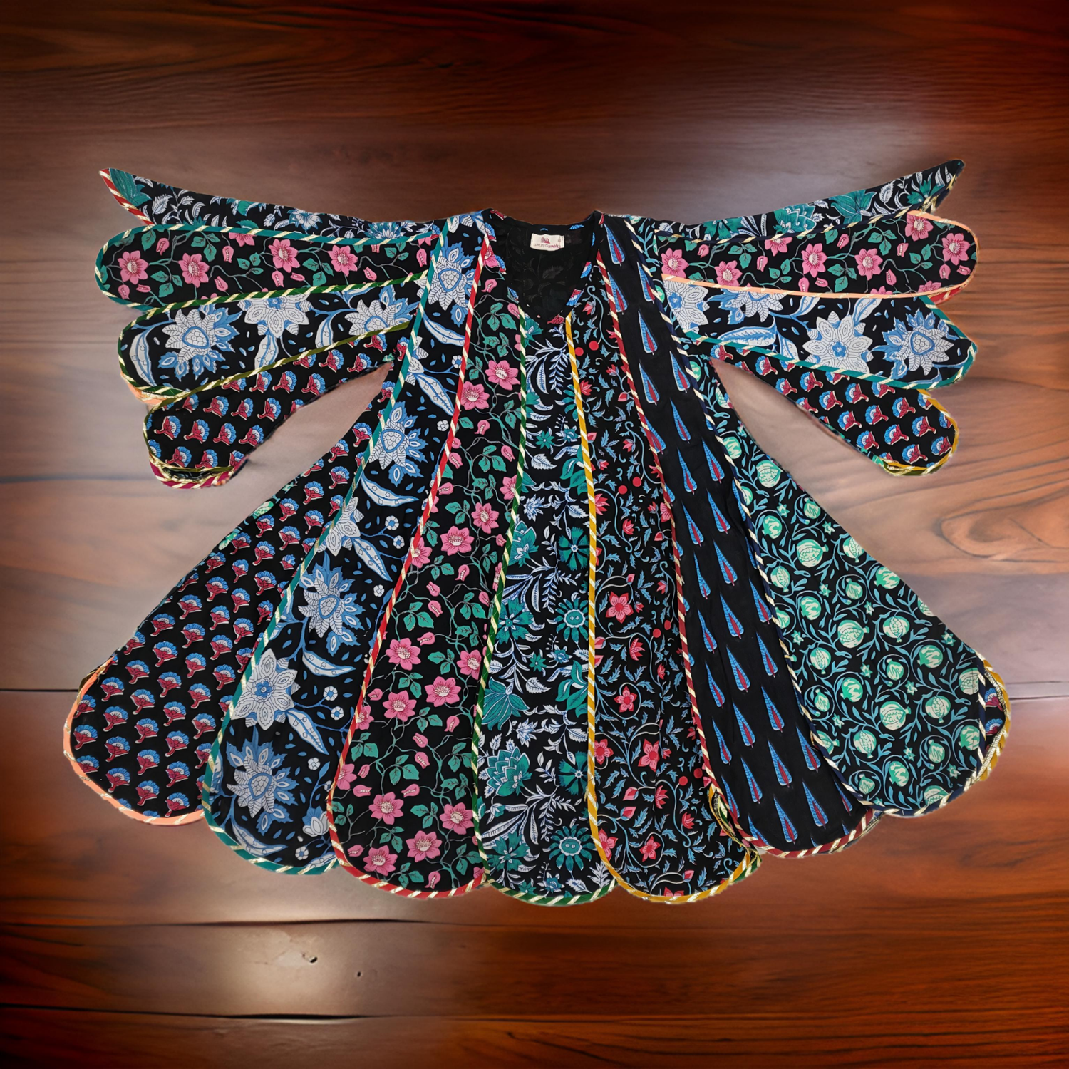4-5 Year Meher Black Multi Printed Cotton Girls Dress 34&quot; Long Jalabiya
