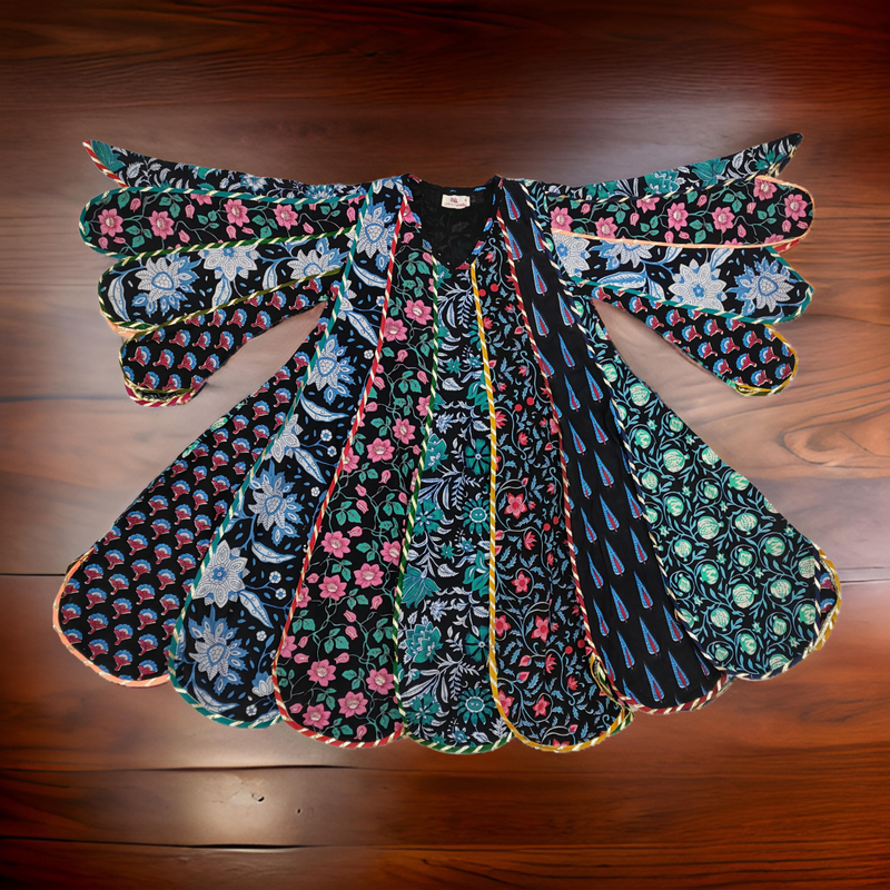 4-5 Year Meher Black Multi Printed Cotton Girls Dress 34&quot; Long Jalabiya