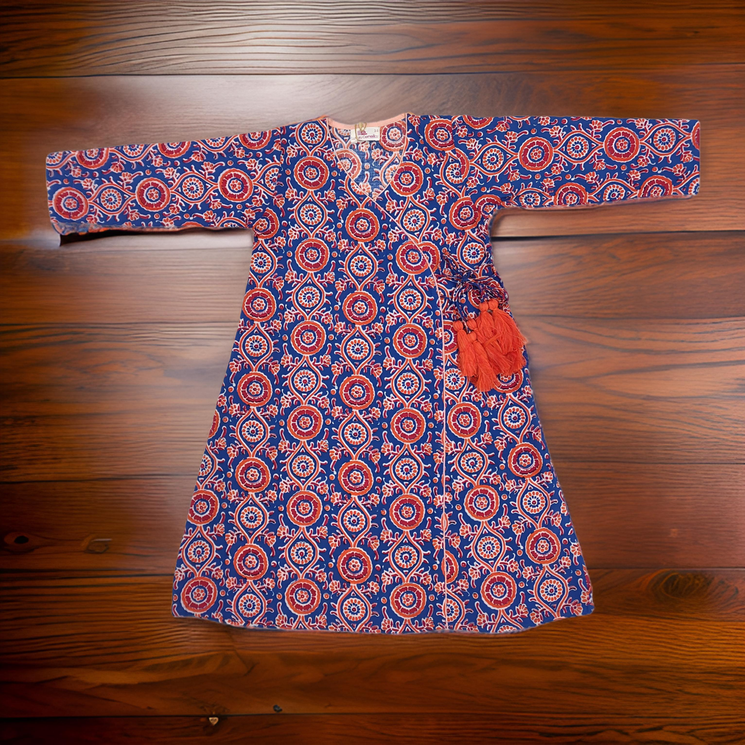 6-7 Year Qifa Blue And Red Printed Cotton Girls Dress 38&quot; Long Jalabiya