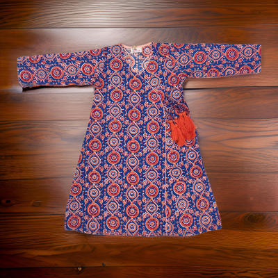 2-3 Year Qifa Blue And Red Printed Cotton Girls Dress 30&quot; Long Jalabiya