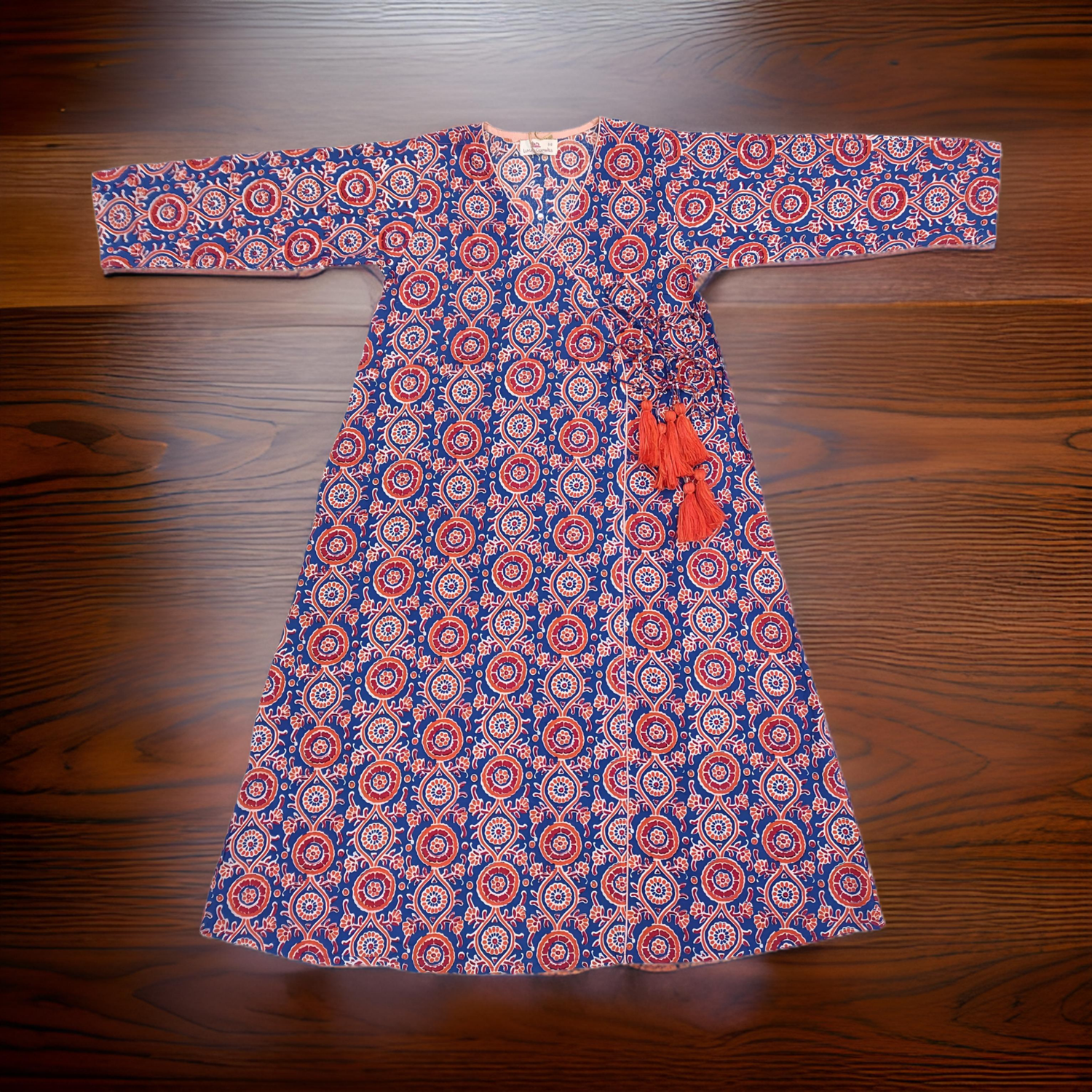 8-9 Year Qifa Blue And Red Printed Cotton Girls Dress 42&quot; Long Jalabiya