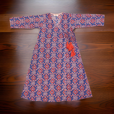 8-9 Year Qifa Blue And Red Printed Cotton Girls Dress 42&quot; Long Jalabiya