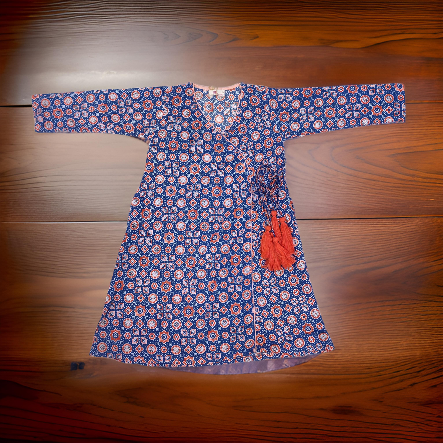 2-3 Year Qifa Blue Printed Cotton Girls Dress 30&quot; Long Jalabiya