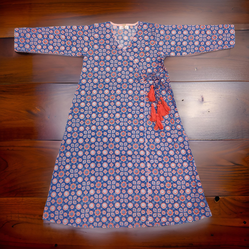 8-9 Year Qifa Blue Printed Cotton Girls Dress 42&quot; Long Jalabiya