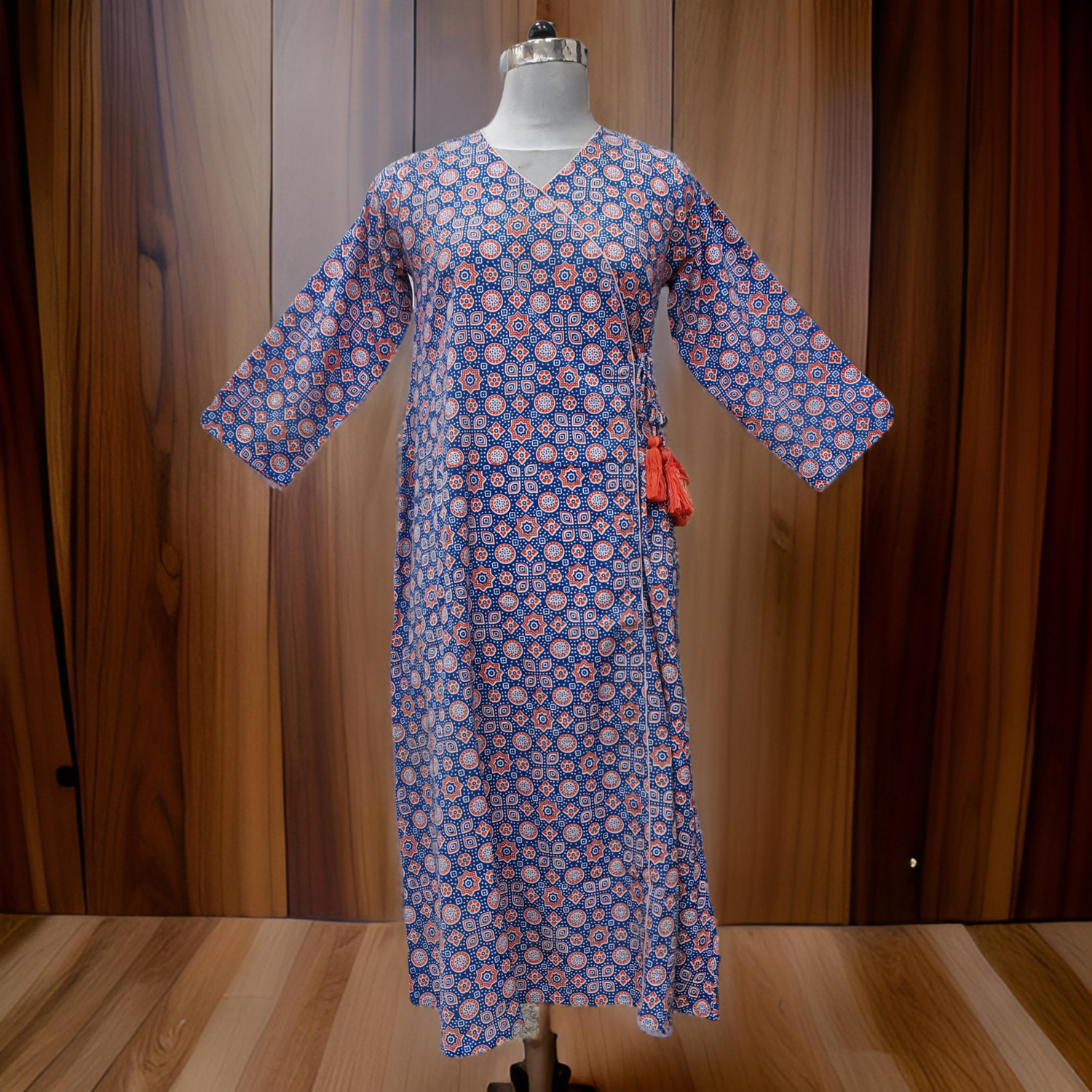 10-11 Year Qifa Blue Printed Cotton Girls Dress 46&quot; Long Jalabiya