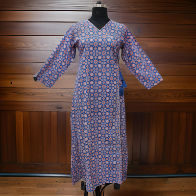 2XL/3XL Qifa Blue Printed Cotton Dress 57&quot; Long Jalabiya
