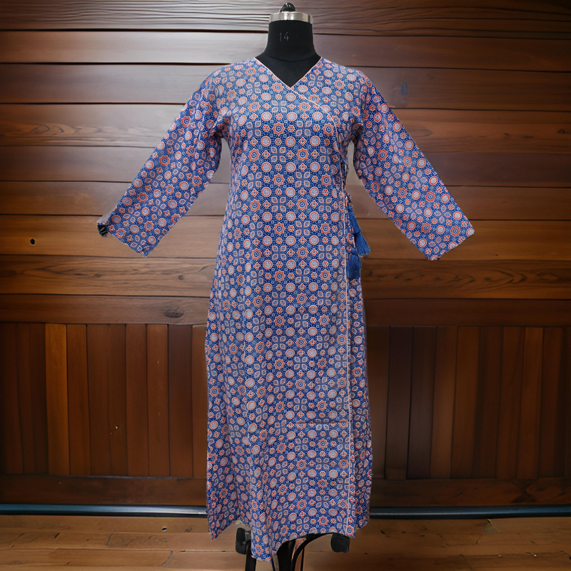 L/XL Qifa Blue Printed Cotton Dress 57&quot; Long Jalabiya