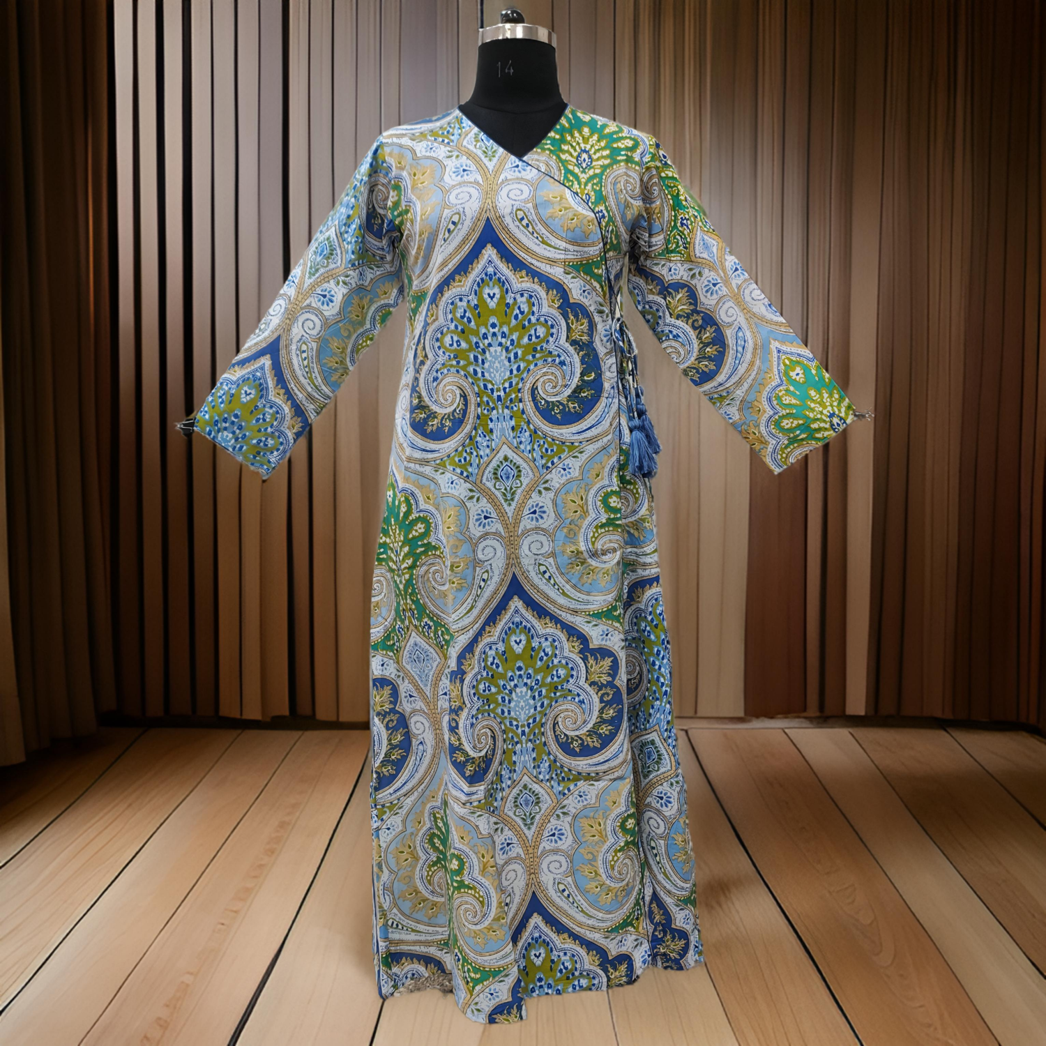 L/XL Qifa Green Printed Cotton Dress 57&quot; Long Jalabiya