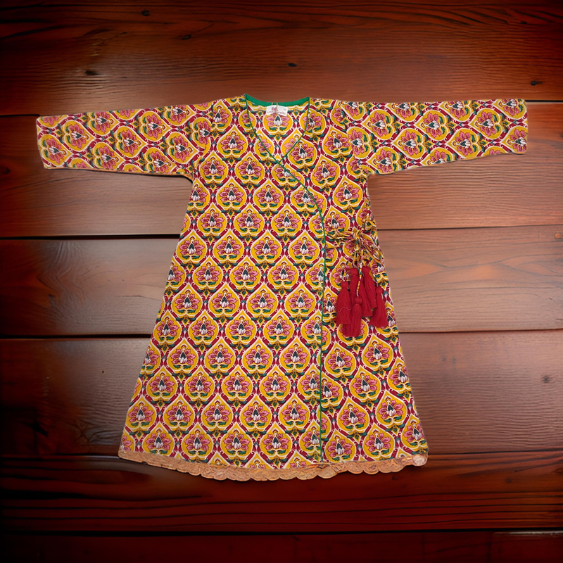 6-7 Year Qifa Yellow Printed Cotton Girls Dress 38&quot; Long Jalabiya