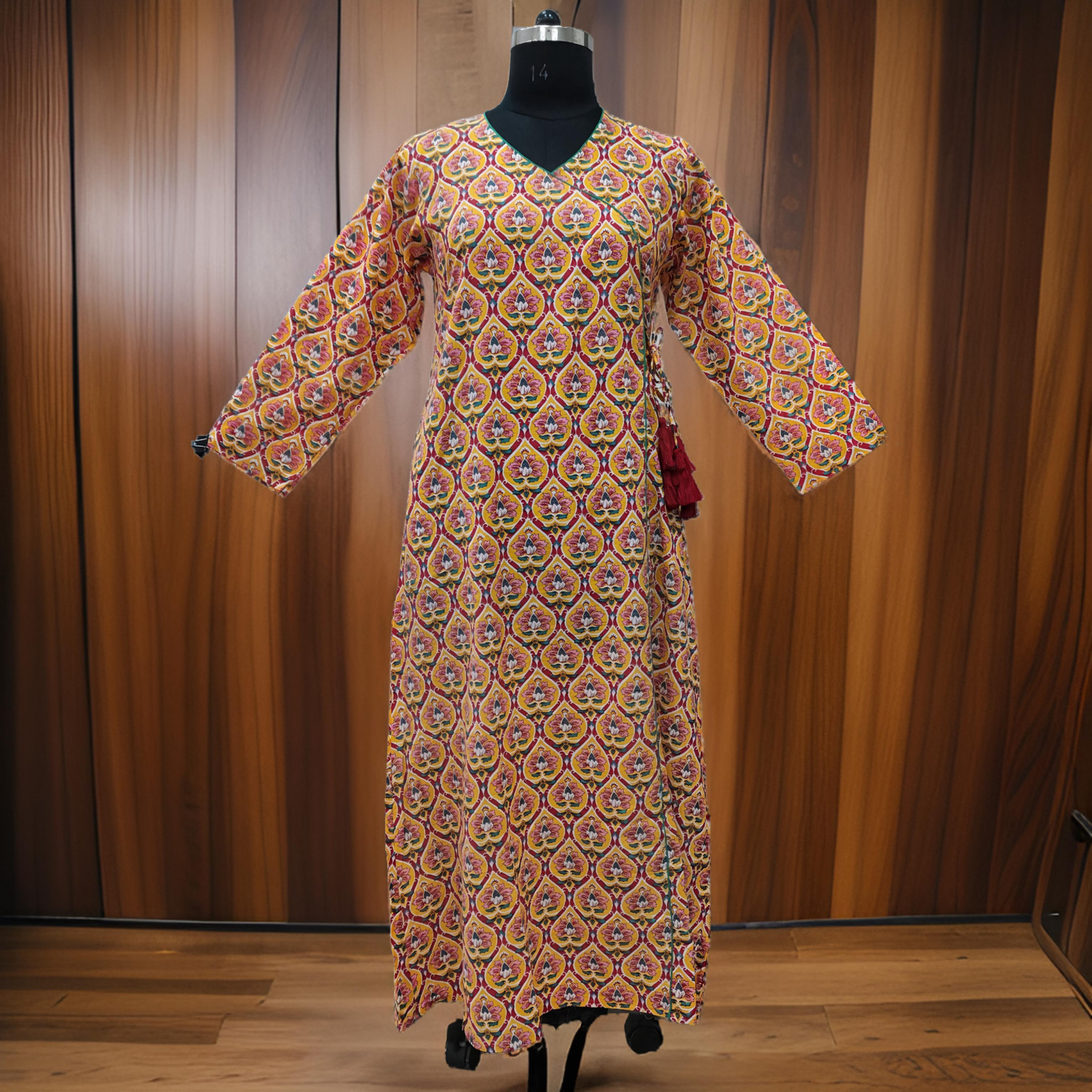 2XL/3XL Qifa Yellow Printed Cotton Dress 57&quot; Long Jalabiya
