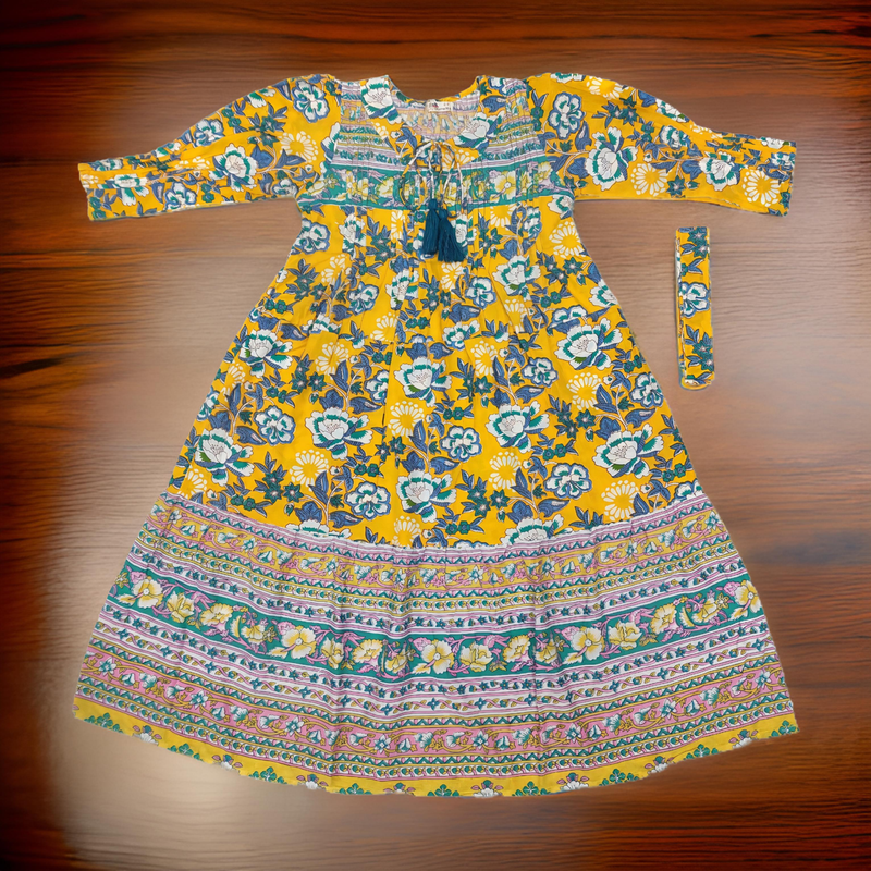 8-9 Year Abia Yellow Cotton Girls Dress 42&quot; Long Jalabiya
