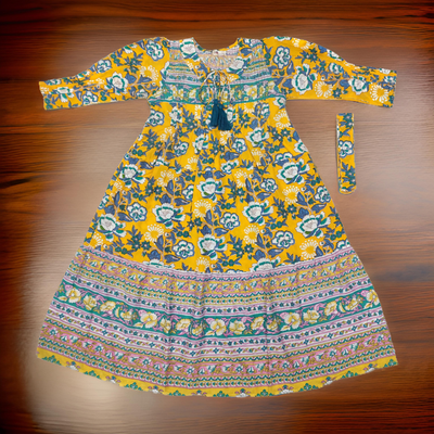 8-9 Year Abia Yellow Cotton Girls Dress 42&quot; Long Jalabiya