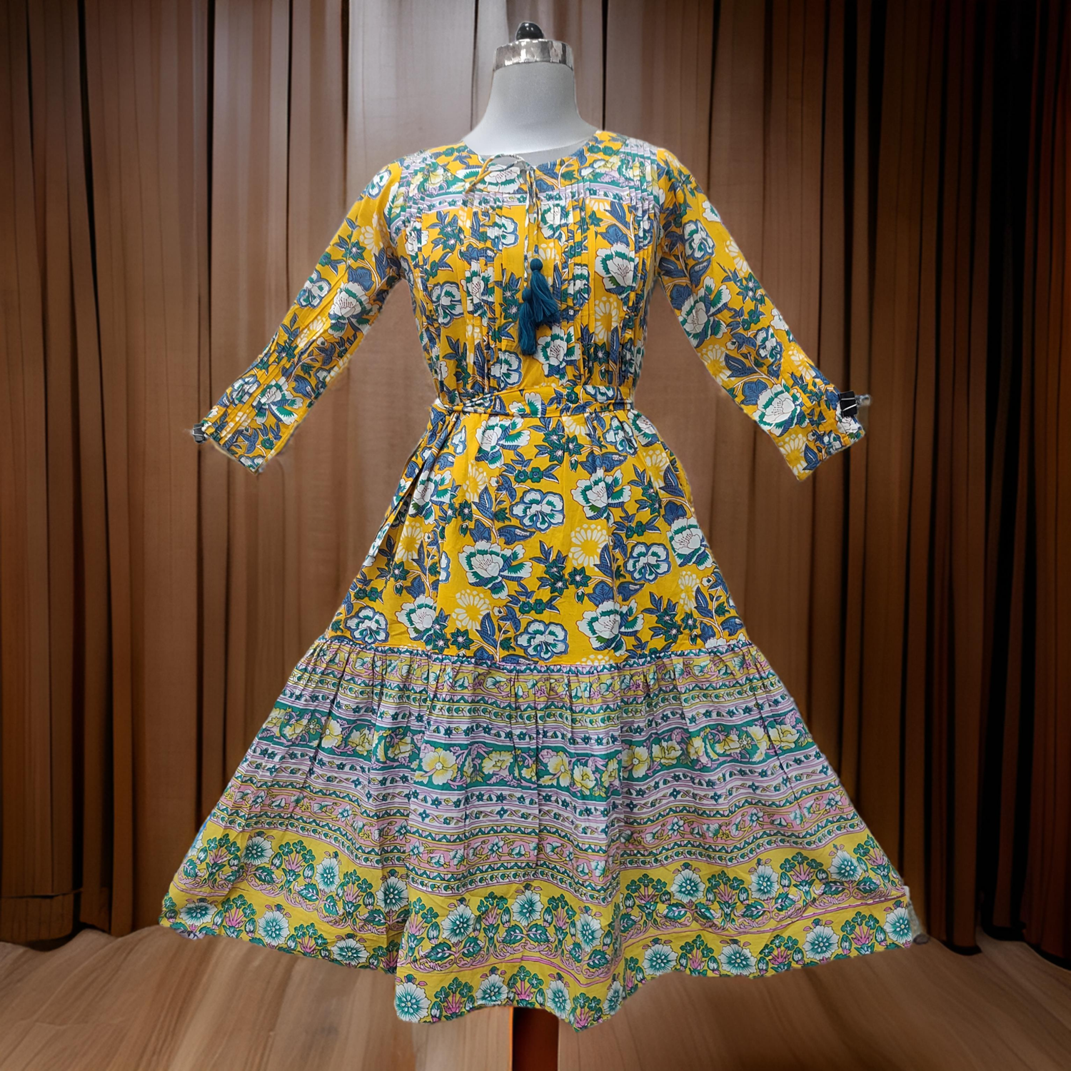 10-11 Year Abia Yellow Cotton Girls Dress 46&quot; Long Jalabiya