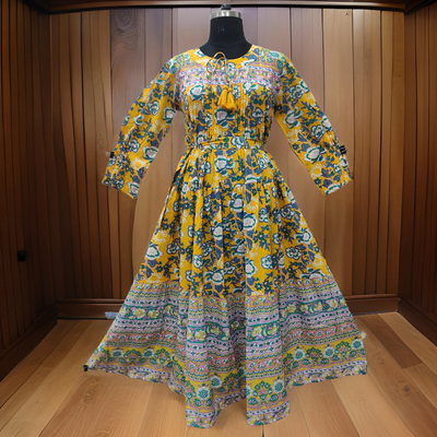 S/M Abia Yellow Cotton Dress 57&quot; Long Jalabiya