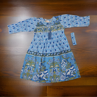 4-5 Year Abia Blue Cotton Girls Dress 34&quot; Long Jalabiya