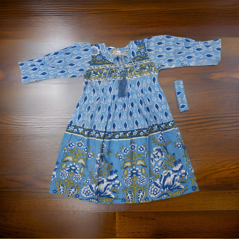 6-7 Year Abia Blue Cotton Girls Dress 38&quot; Long Jalabiya