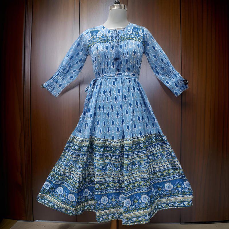 10-11 Year Abia Blue Cotton Girls Dress 46&quot; Long Jalabiya