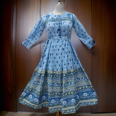 10-11 Year Abia Blue Cotton Girls Dress 46&quot; Long Jalabiya