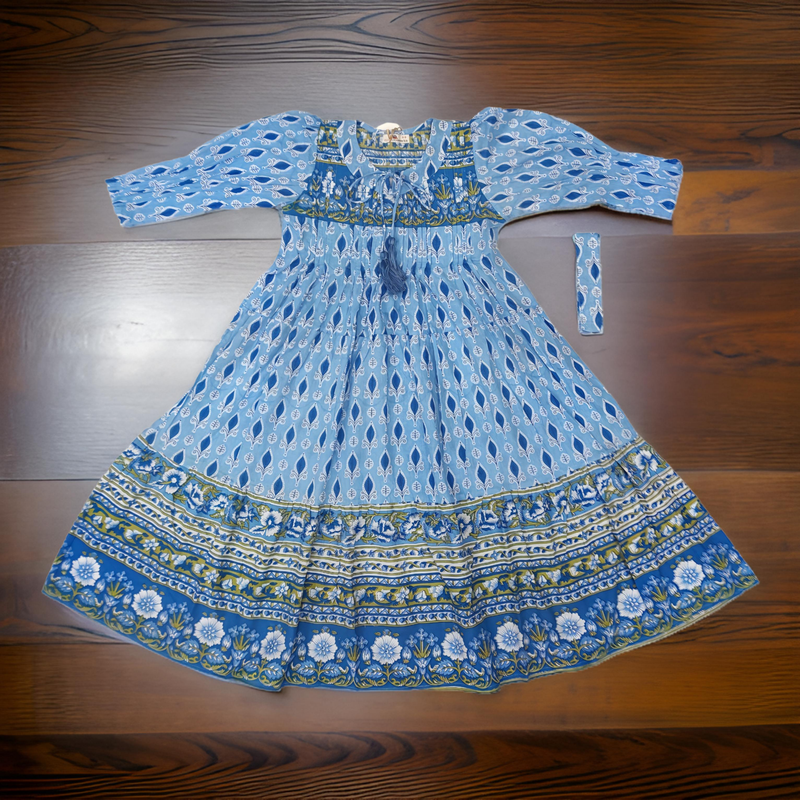 8-9 Year Abia Blue Cotton Girls Dress 42&quot; Long Jalabiya